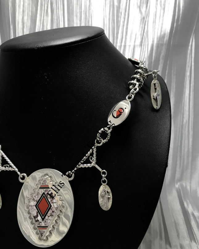 Benson Manygoats Silver Chain Inlayed Necklace reversed coral front on black display