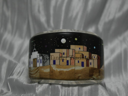 Calvin Desson Pueblo Inlay Silver Bracelet with white church