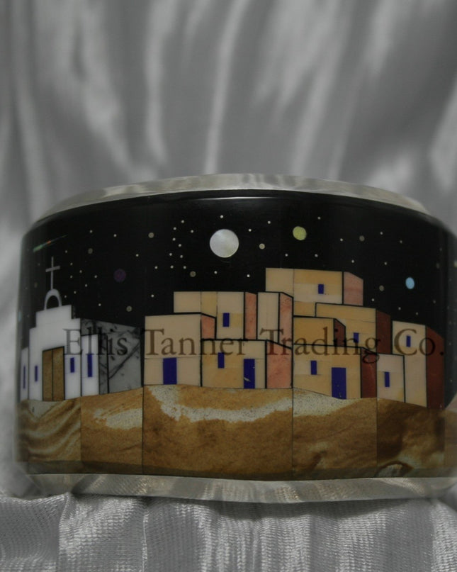 Calvin Desson Pueblo Inlay Silver Bracelet with white church