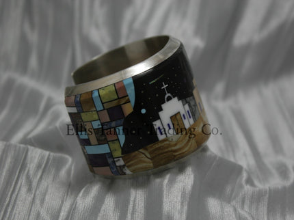 Calvin Desson Pueblo Inlay Silver Bracelet with white church