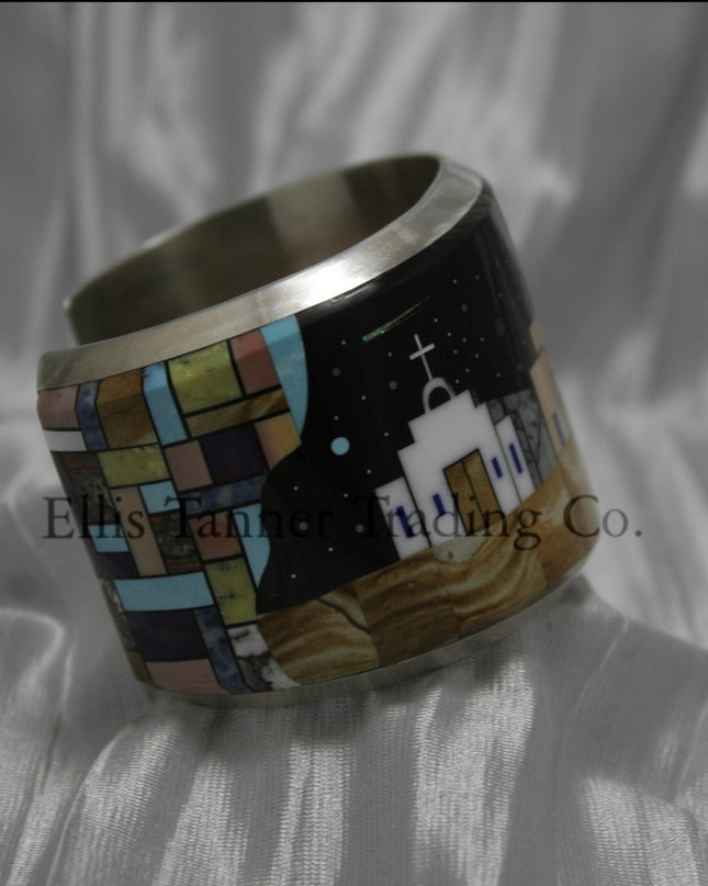 Calvin Desson Pueblo Inlay Silver Bracelet with white church