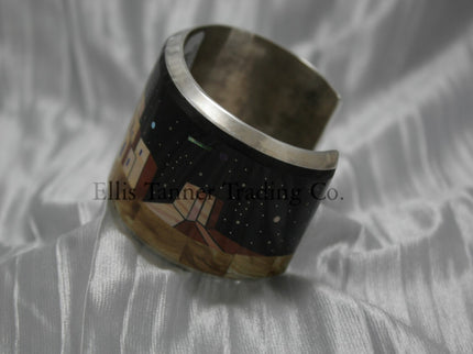 Calvin Desson Pueblo Inlay Silver Bracelet mountain and stars