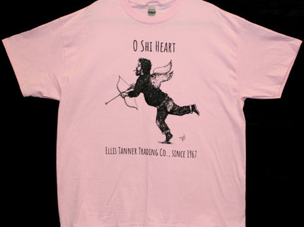T-shirt with a picture of Ellis Tanner with wings and bow and arrow with the words "Oh Shi Heart" 