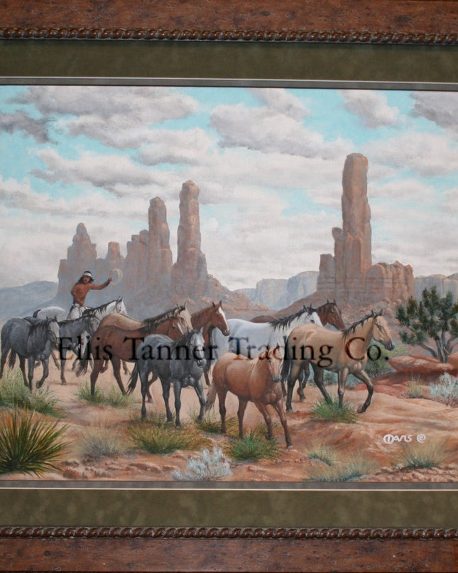 Picture of painting called Spider Rock. Painting shows 11 horses being herded by a Navajo holding a rope in his left hand. He is riding one of the horses and wearing a white headband. Behind the horses are several tall rock structures including the famous Spider Rick from the Navajo Stories.