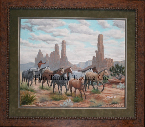 Picture of painting called Spider Rock. Painting shows 11 horses being herded by a Navajo holding a rope in his left hand. He is riding one of the horses and wearing a white headband. Behind the horses are several tall rock structures including the famous Spider Rick from the Navajo Stories.
