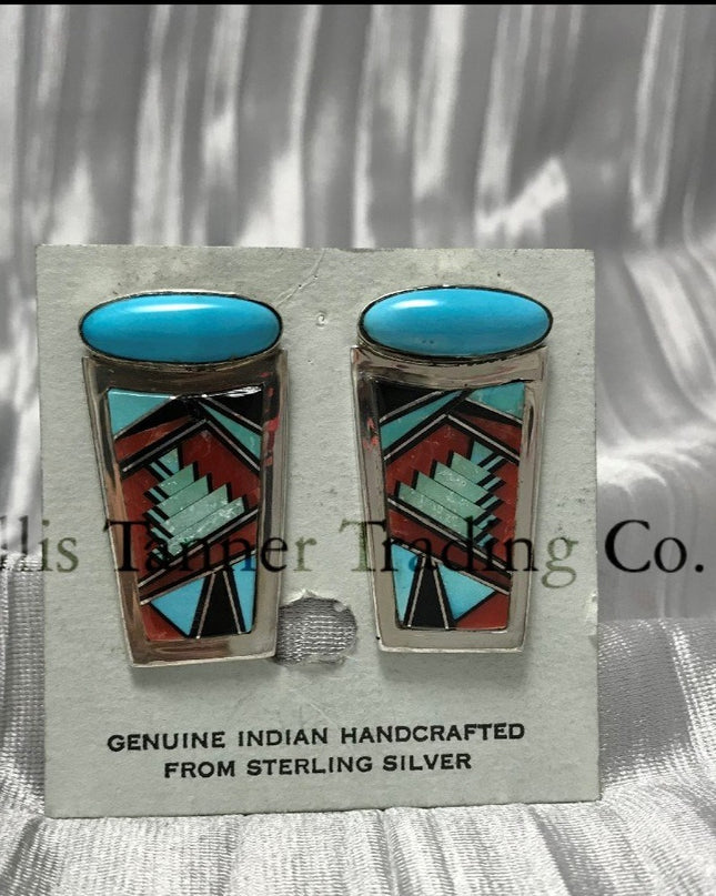 matching earrings set with sterling silver Inlayed with vibrant turquoise, coral, and Onyx geometric patterns, 