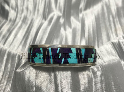 Matching Bracelet featuring Sleeping Beauty turquoise and purple Sugilite Inlayed stones, highlights bold geometric patterns set in sterling silver.