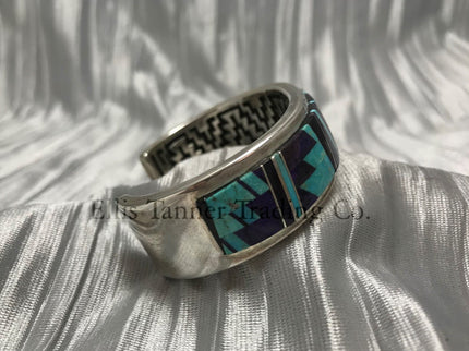 Matching Bracelet featuring Sleeping Beauty turquoise and purple Sugilite Inlayed stones, highlights bold geometric patterns set in sterling silver. side