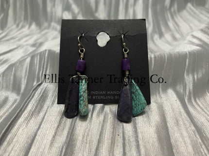 Matching Earrings featuring Sleeping Beauty turquoise and purple Sugilite dangle bead stones, 
