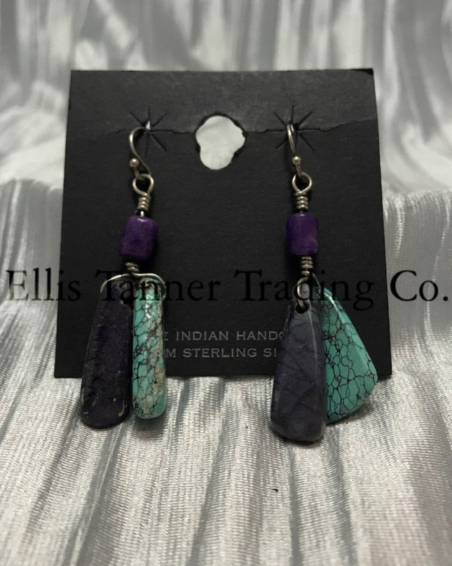 Matching Earrings featuring Sleeping Beauty turquoise and purple Sugilite dangle bead stones, 